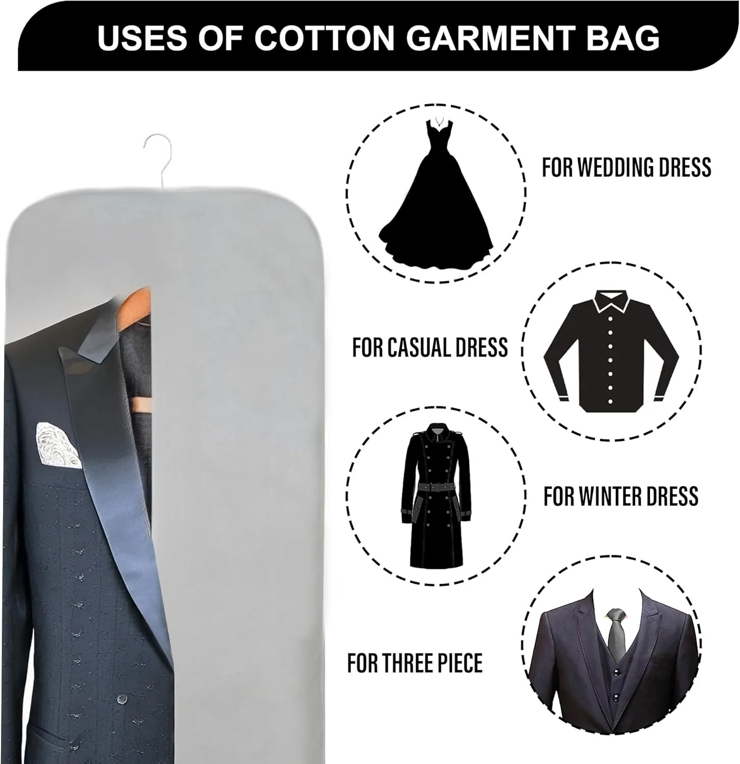 100% Cotton Garment Bag | Long | Breathable Garment Bags for Hanging Clothes | Garment Storage Bag for Long Dresses & Coats Storage | Pack of 1 (62 Inch)