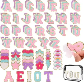 139 PCS Chenille Letter Patches Self-Adhesive for DIY,A-Z Stick On Varsity Letter Patch Mixed Color,Cute Rainbow Bowknot Flower Star Lightning Heart Alphabet Sticker for Clothes Hats Backpacks