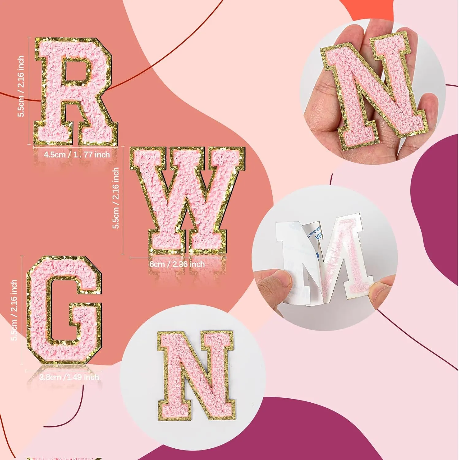 26 Piece Self Adhesive Chenille Letter Patches Varsity Letter Patches A-Z Glitter Iron on Alphabet Patches for Clothing Jeans Backpacks Hat DIY Supplies (Pink)