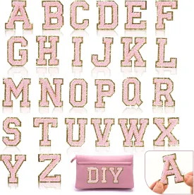 26 Piece Self Adhesive Chenille Letter Patches Varsity Letter Patches A-Z Glitter Iron on Alphabet Patches for Clothing Jeans Backpacks Hat DIY Supplies (Pink)