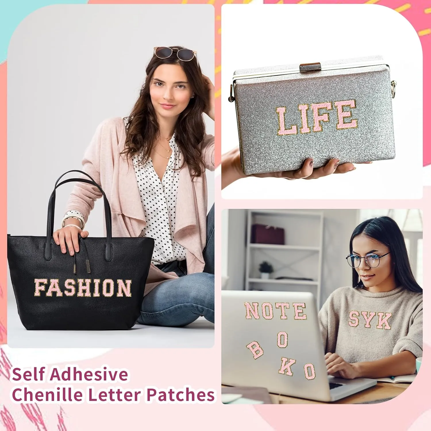 26 Piece Self Adhesive Chenille Letter Patches Varsity Letter Patches A-Z Glitter Iron on Alphabet Patches for Clothing Jeans Backpacks Hat DIY Supplies (Pink)
