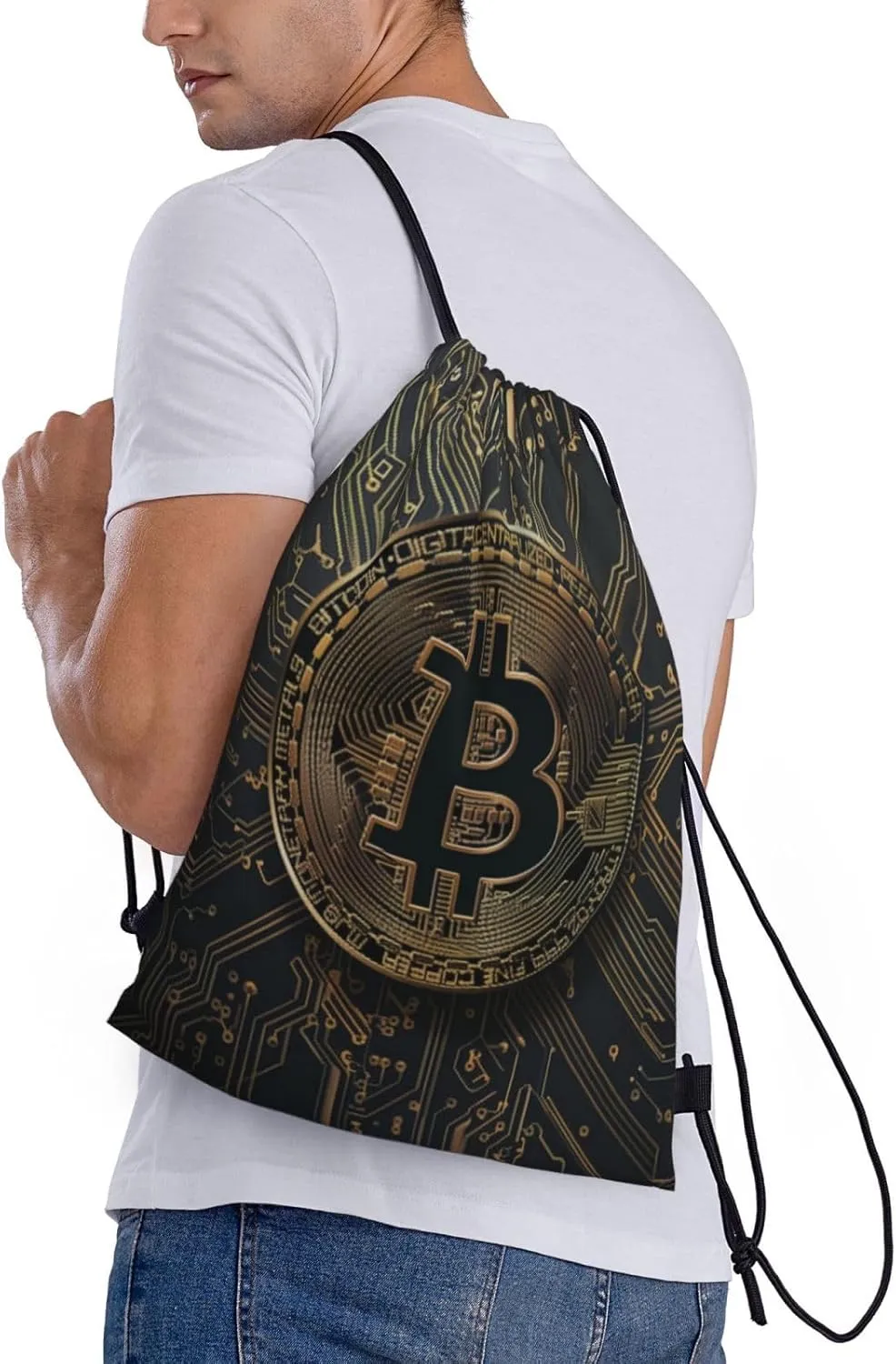 Adult Drawstring Bag - gold circuit board bitcoin Print Gym Sack for Men & Women - Sports, Travel, Yoga - Lightweight Water-Resistant (14x17 Inch)