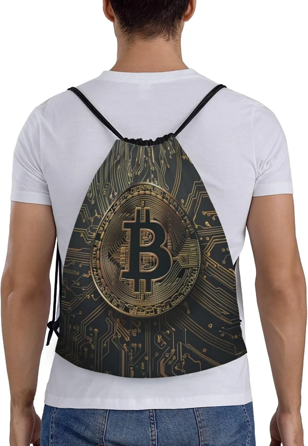 Adult Drawstring Bag - gold circuit board bitcoin Print Gym Sack for Men & Women - Sports, Travel, Yoga - Lightweight Water-Resistant (14x17 Inch)