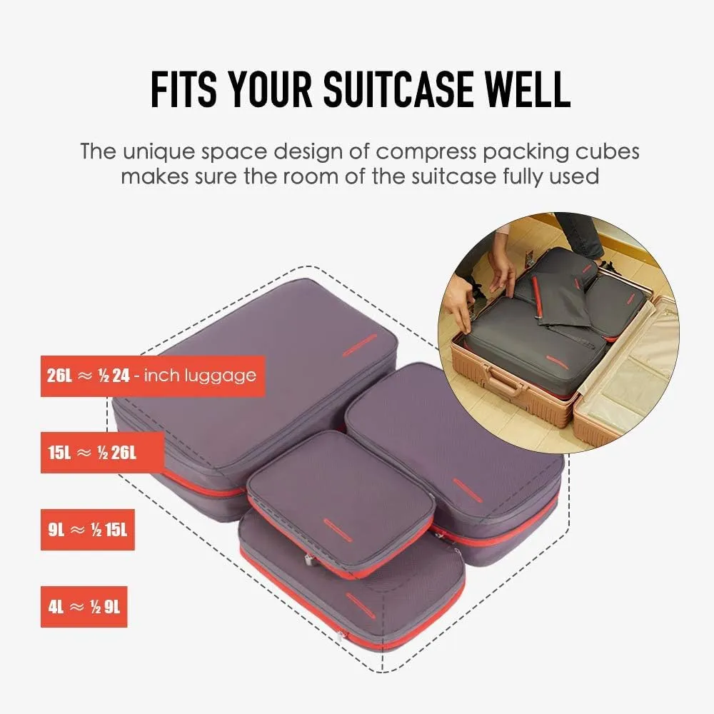 BeeNesting Waterproof Compression Packing Cubes 5/6/8 sets, Large Travel Packing organizers for Carry on Luggage, 2 Sides Expandable Storage Bags (Dark Green, G5set)