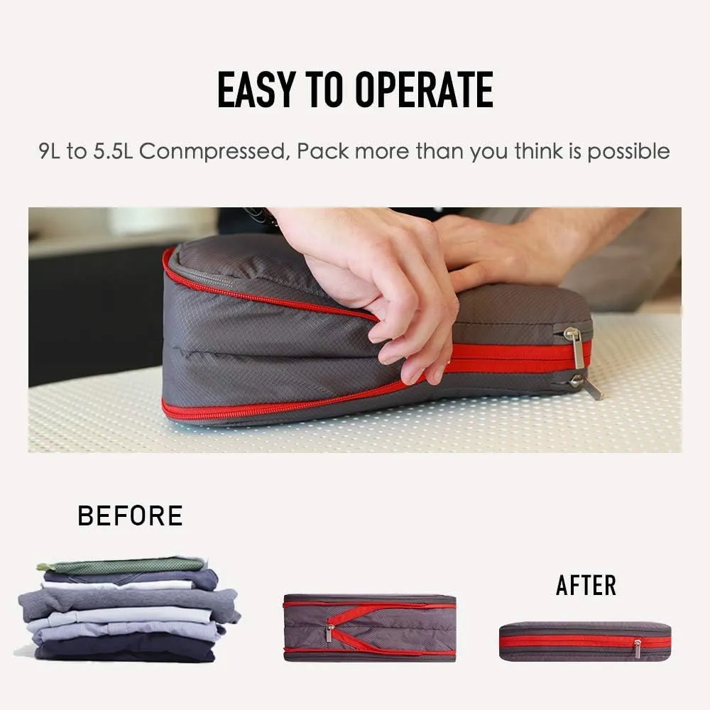 BeeNesting Waterproof Compression Packing Cubes 5/6/8 sets, Large Travel Packing organizers for Carry on Luggage, 2 Sides Expandable Storage Bags (Dark Green, G5set)