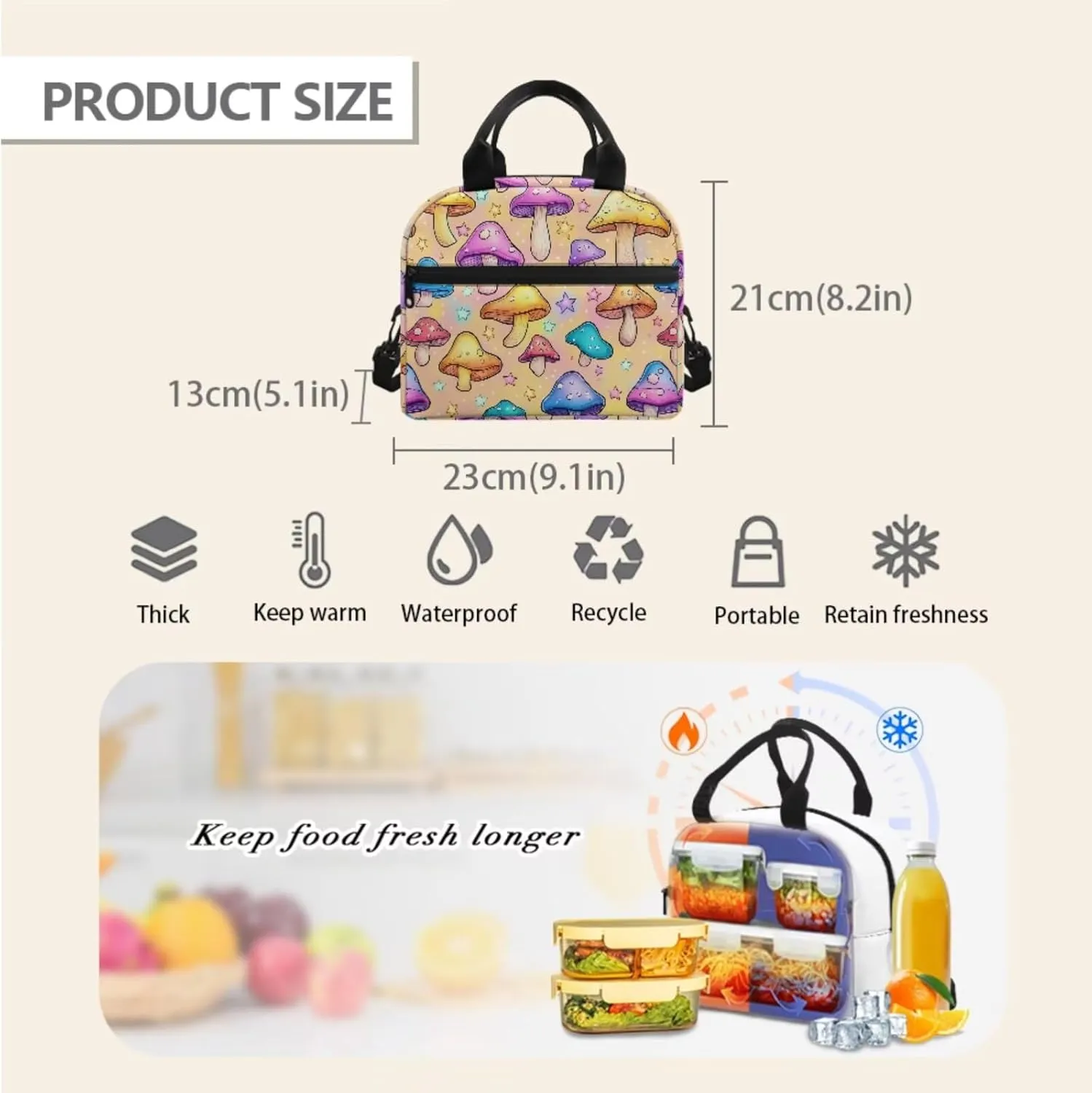 Boys Girls 3pcs Backpack with Lunch Bag & Pencil Pouch, Lightweight 16.9 In School Bag, Tote Lunch Box with Shoulder Strap, Suitable for School, Picnic Trips, Colorful Mushroom Star Print
