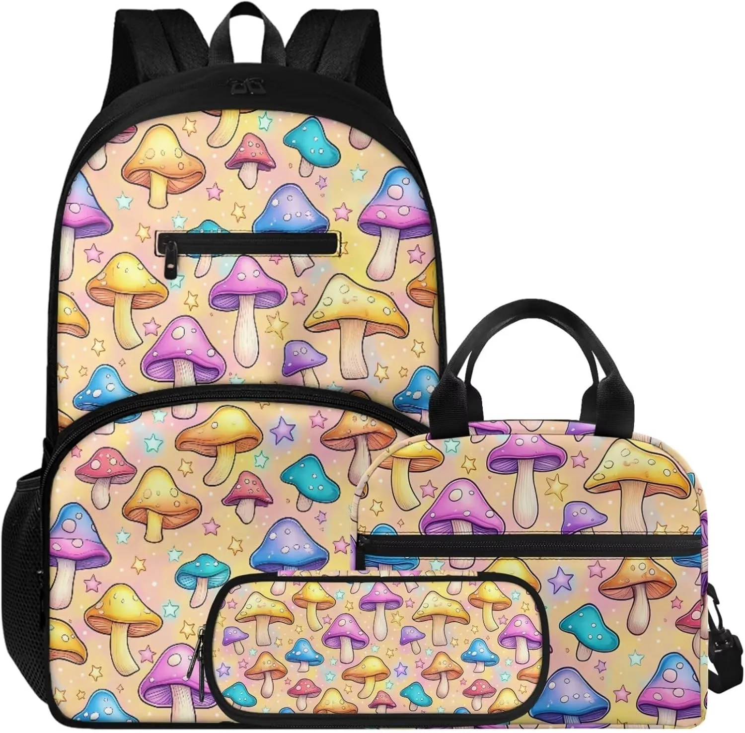 Boys Girls 3pcs Backpack with Lunch Bag & Pencil Pouch, Lightweight 16.9 In School Bag, Tote Lunch Box with Shoulder Strap, Suitable for School, Picnic Trips, Colorful Mushroom Star Print