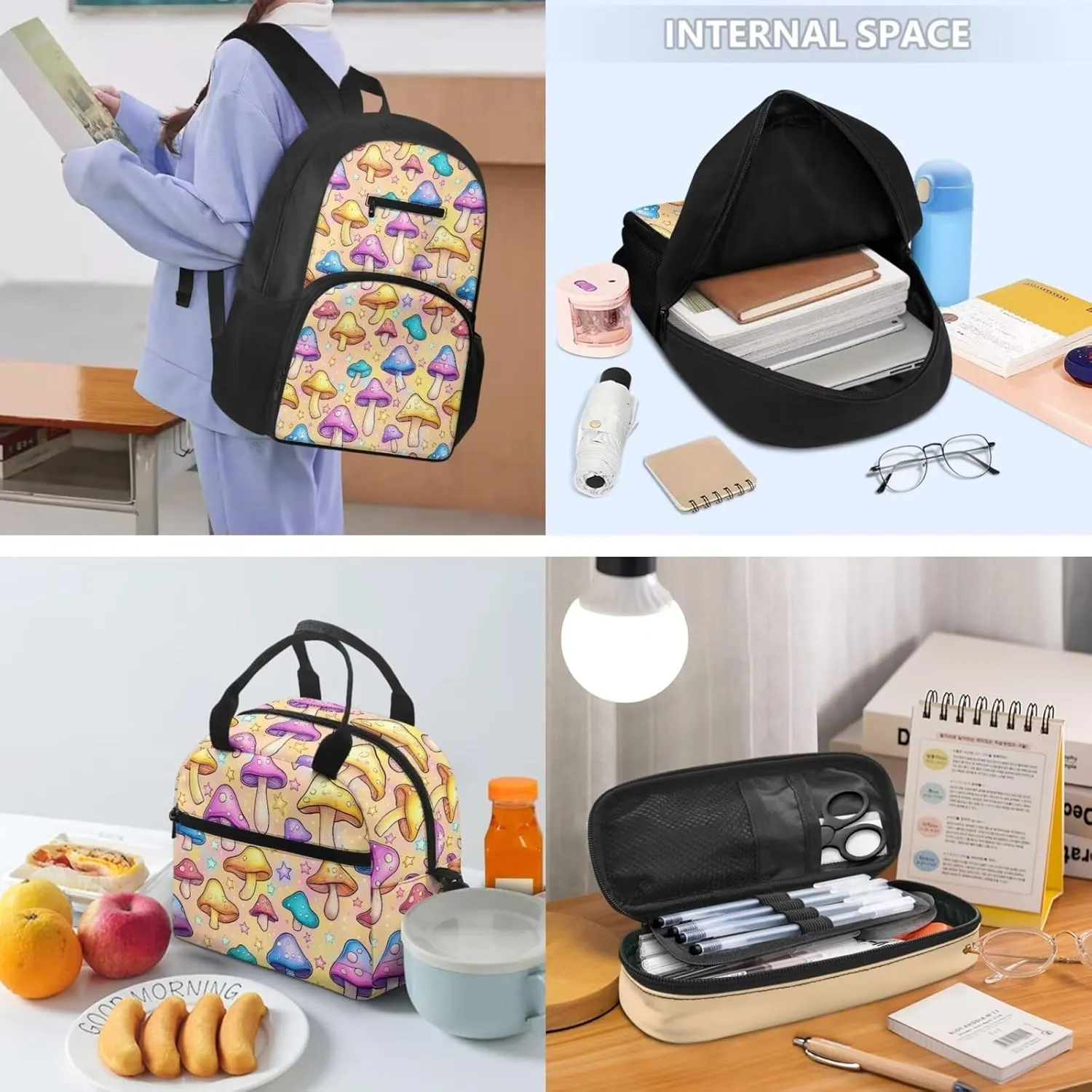 Boys Girls 3pcs Backpack with Lunch Bag & Pencil Pouch, Lightweight 16.9 In School Bag, Tote Lunch Box with Shoulder Strap, Suitable for School, Picnic Trips, Colorful Mushroom Star Print