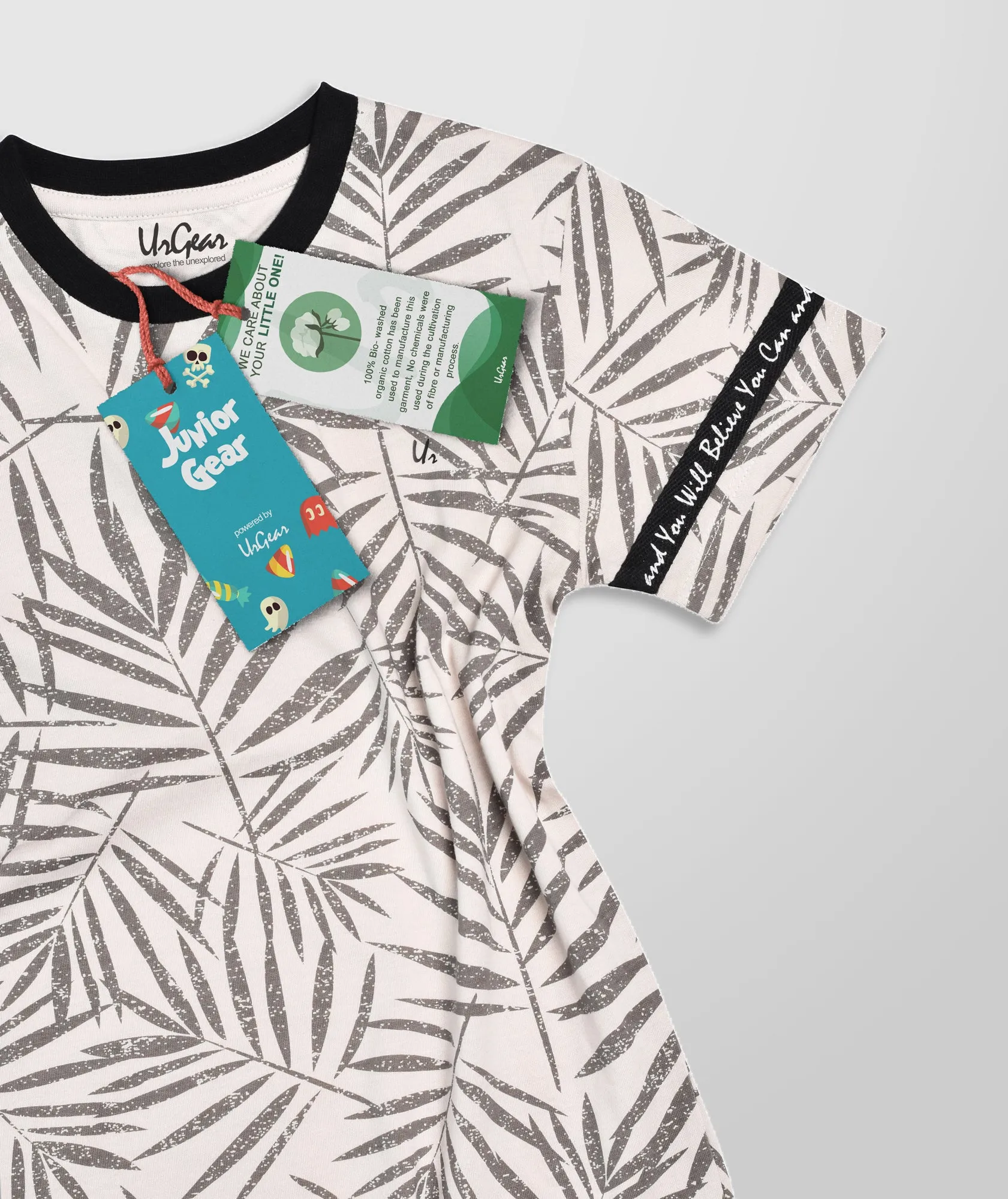 Boys Grey Leaf  Printed Round Neck T-shirt