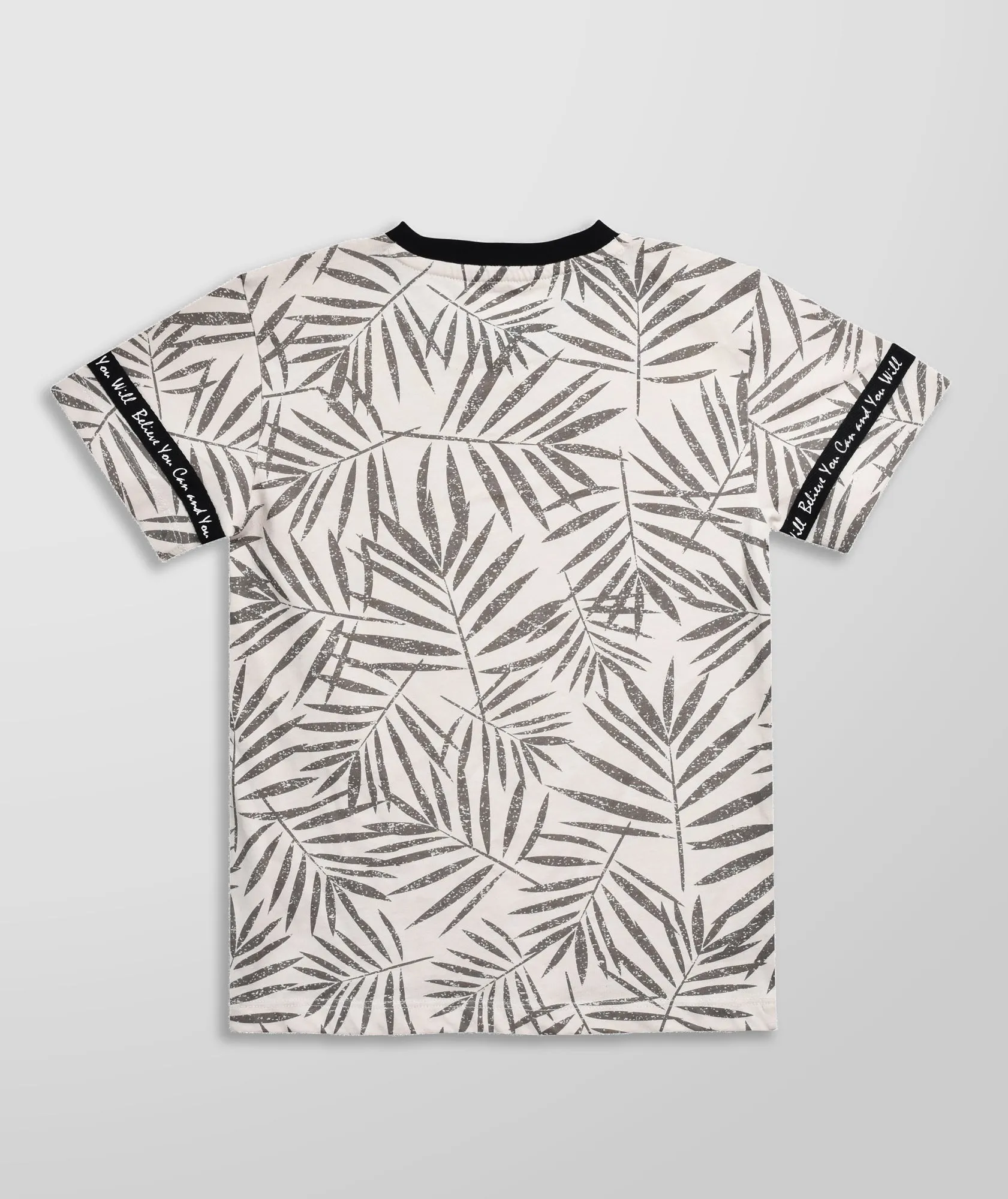 Boys Grey Leaf  Printed Round Neck T-shirt