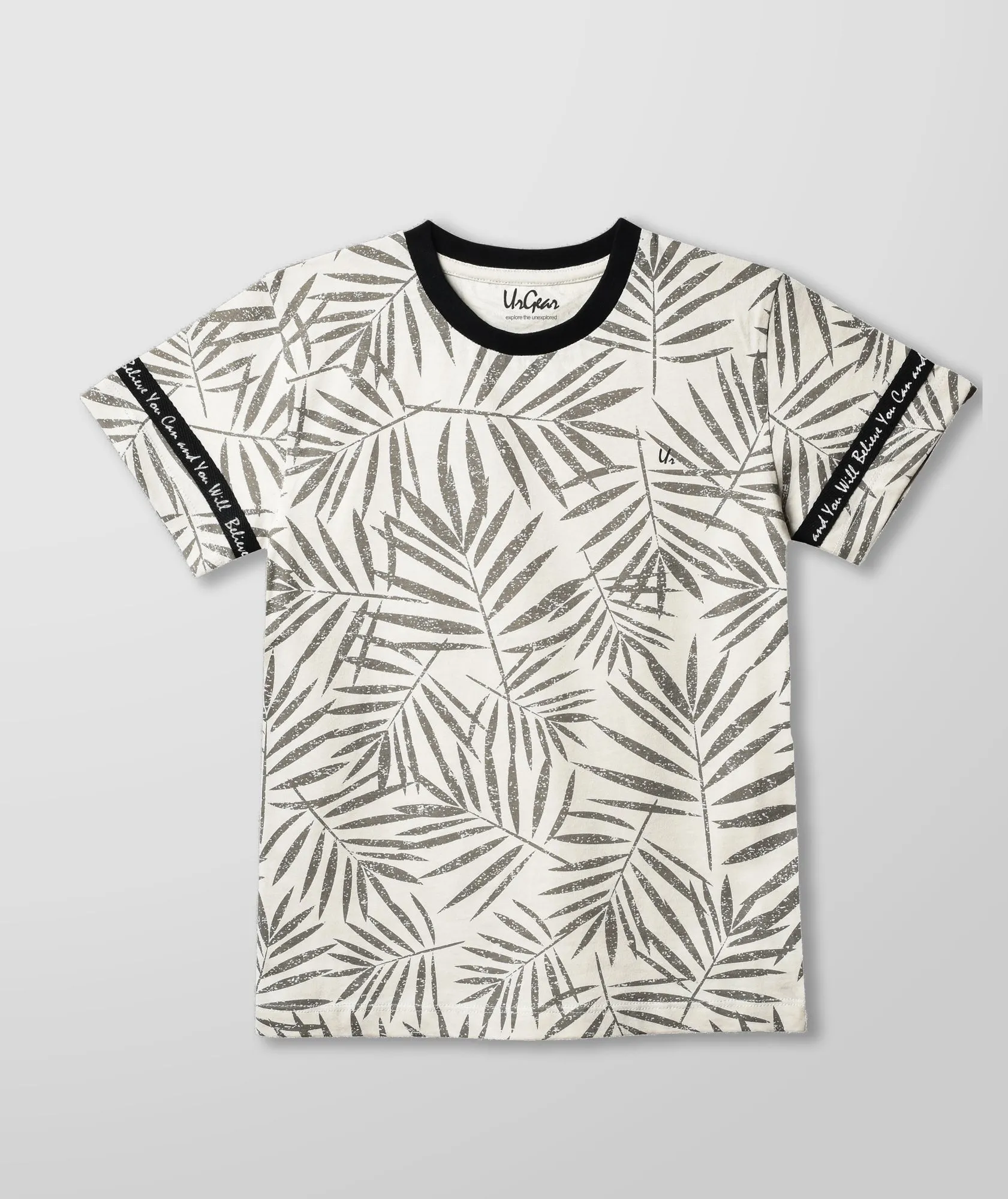 Boys Grey Leaf  Printed Round Neck T-shirt