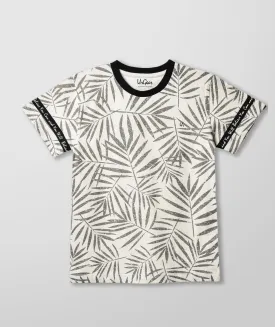 Boys Grey Leaf  Printed Round Neck T-shirt