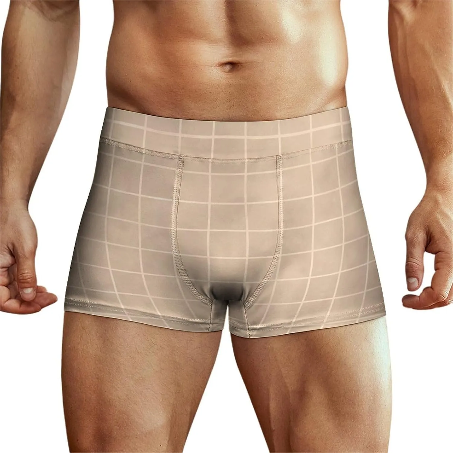 Brown Hand Drawn Grid Print Mens Underwear, Soft Boxers for Men, Moisture-Wicking Breathable Boxer Briefs