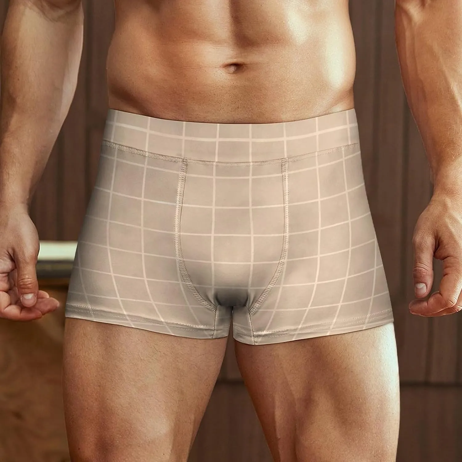 Brown Hand Drawn Grid Print Mens Underwear, Soft Boxers for Men, Moisture-Wicking Breathable Boxer Briefs