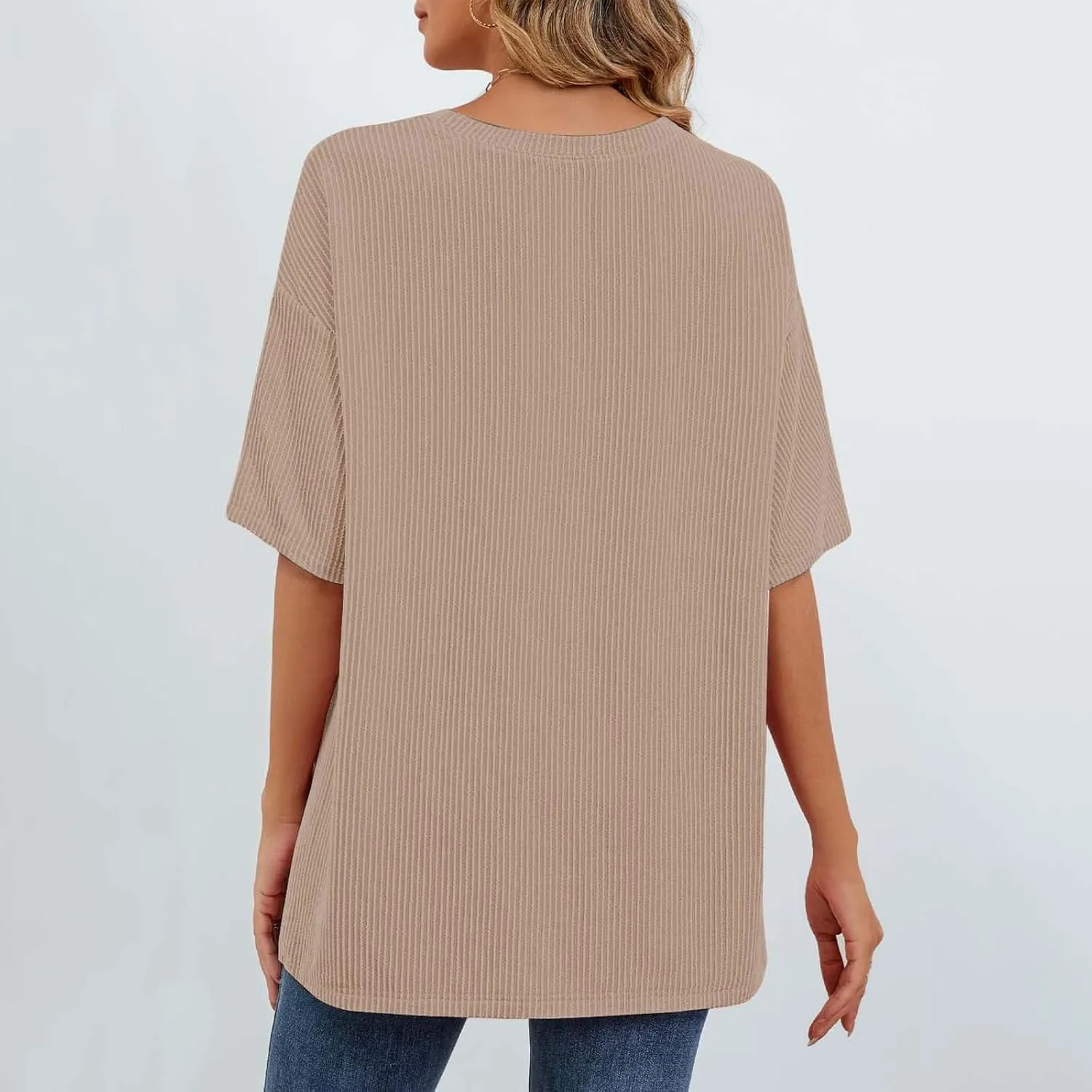 Casual Contrasting Striped Short Sleeved Pocket Round Neck T Shirt Fit Loose Comfortable Flowy Soft Tops
