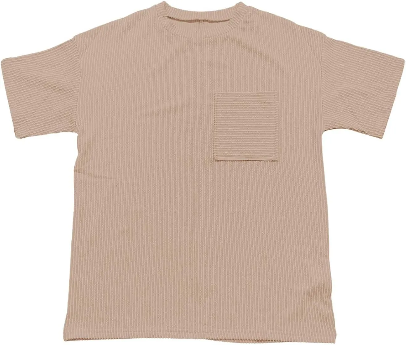 Casual Contrasting Striped Short Sleeved Pocket Round Neck T Shirt Fit Loose Comfortable Flowy Soft Tops