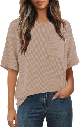 Casual Contrasting Striped Short Sleeved Pocket Round Neck T Shirt Fit Loose Comfortable Flowy Soft Tops