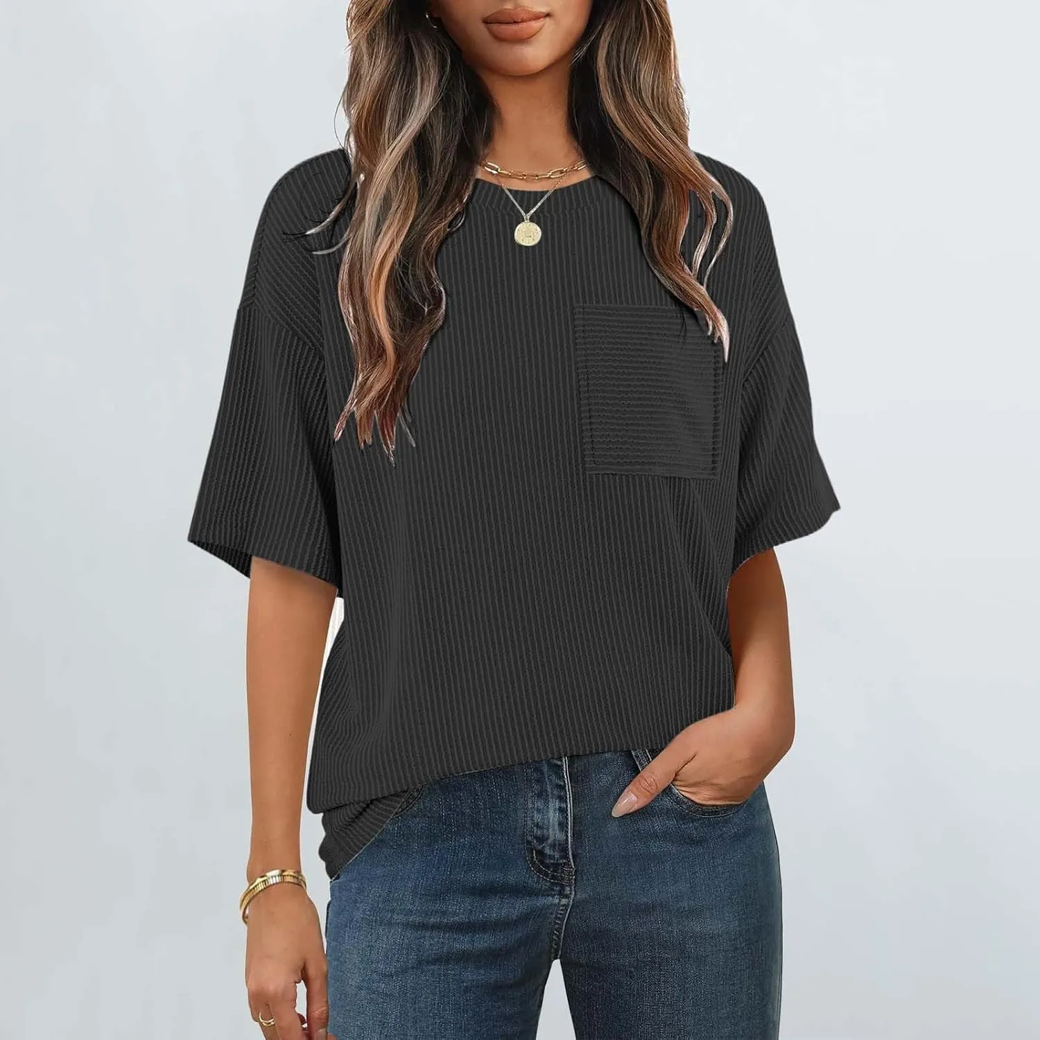 Casual Contrasting Striped Short Sleeved Pocket Round Neck T Shirt Fit Loose Comfortable Flowy Soft Tops
