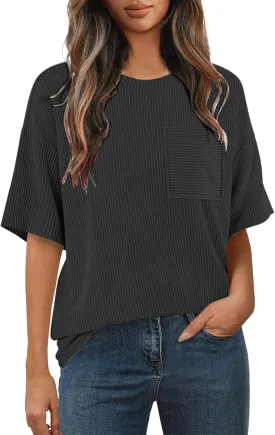 Casual Contrasting Striped Short Sleeved Pocket Round Neck T Shirt Fit Loose Comfortable Flowy Soft Tops