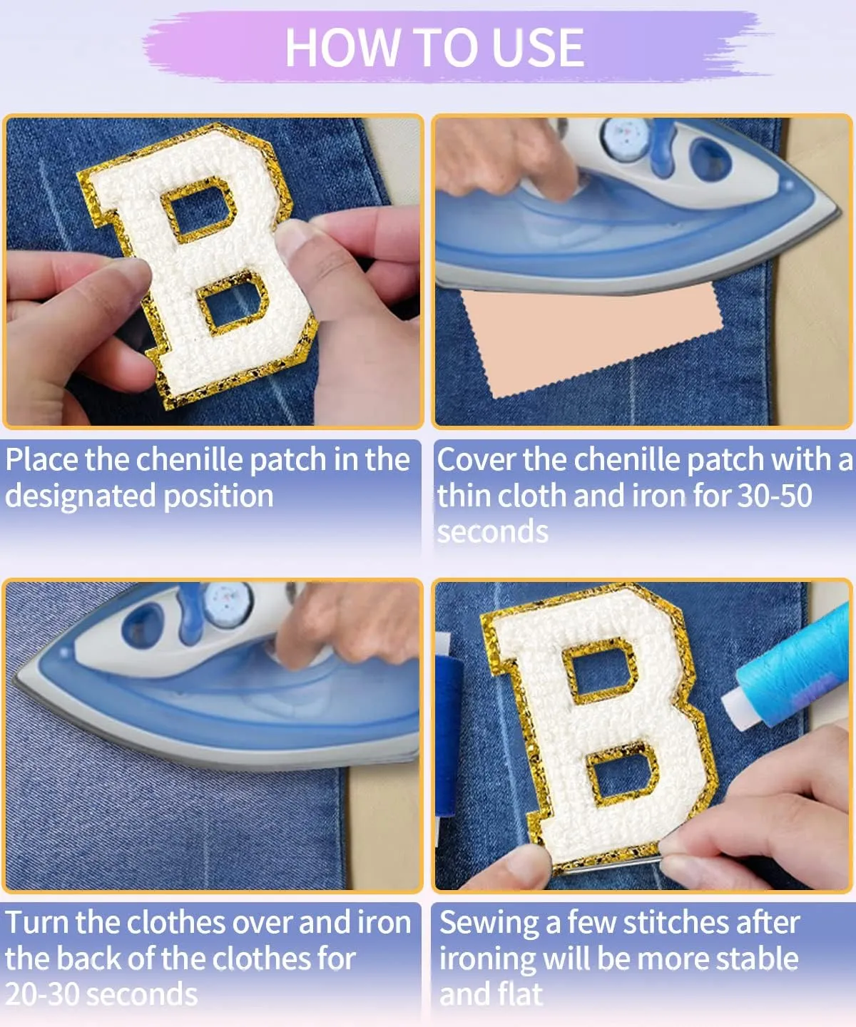 Chenille Letter Patches (6 Pcs): Varsity Letters in White, Large Iron-On Patches for Clothing, Backpacks, Hats & Jackets (3.15in E F)