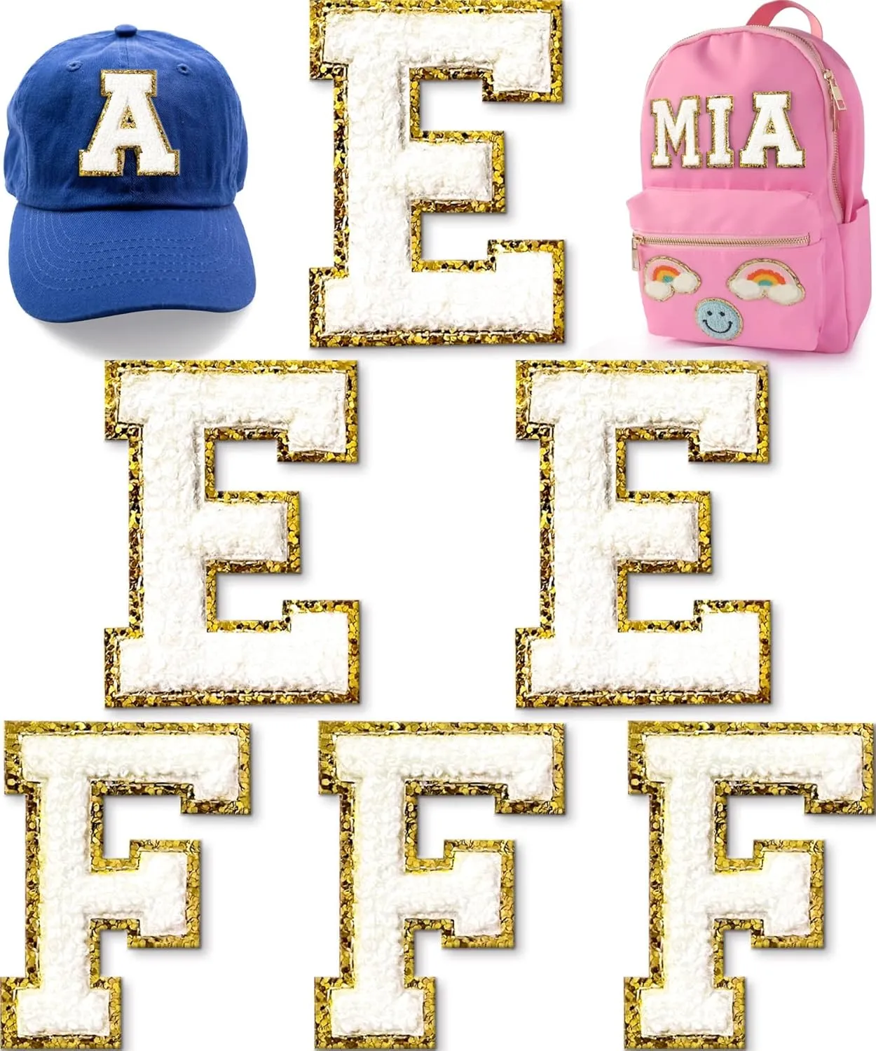Chenille Letter Patches (6 Pcs): Varsity Letters in White, Large Iron-On Patches for Clothing, Backpacks, Hats & Jackets (3.15in E F)