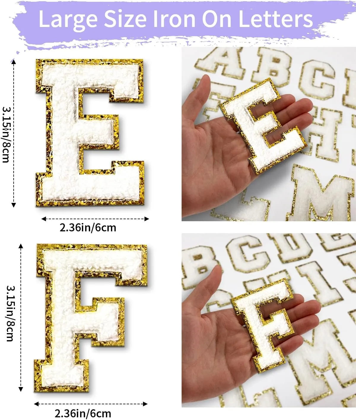 Chenille Letter Patches (6 Pcs): Varsity Letters in White, Large Iron-On Patches for Clothing, Backpacks, Hats & Jackets (3.15in E F)