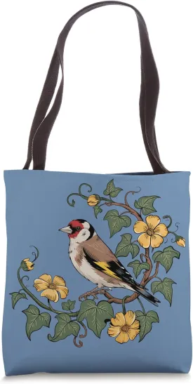 European Goldfinch Bird with Ivy and Yellow Flowers Tote Bag