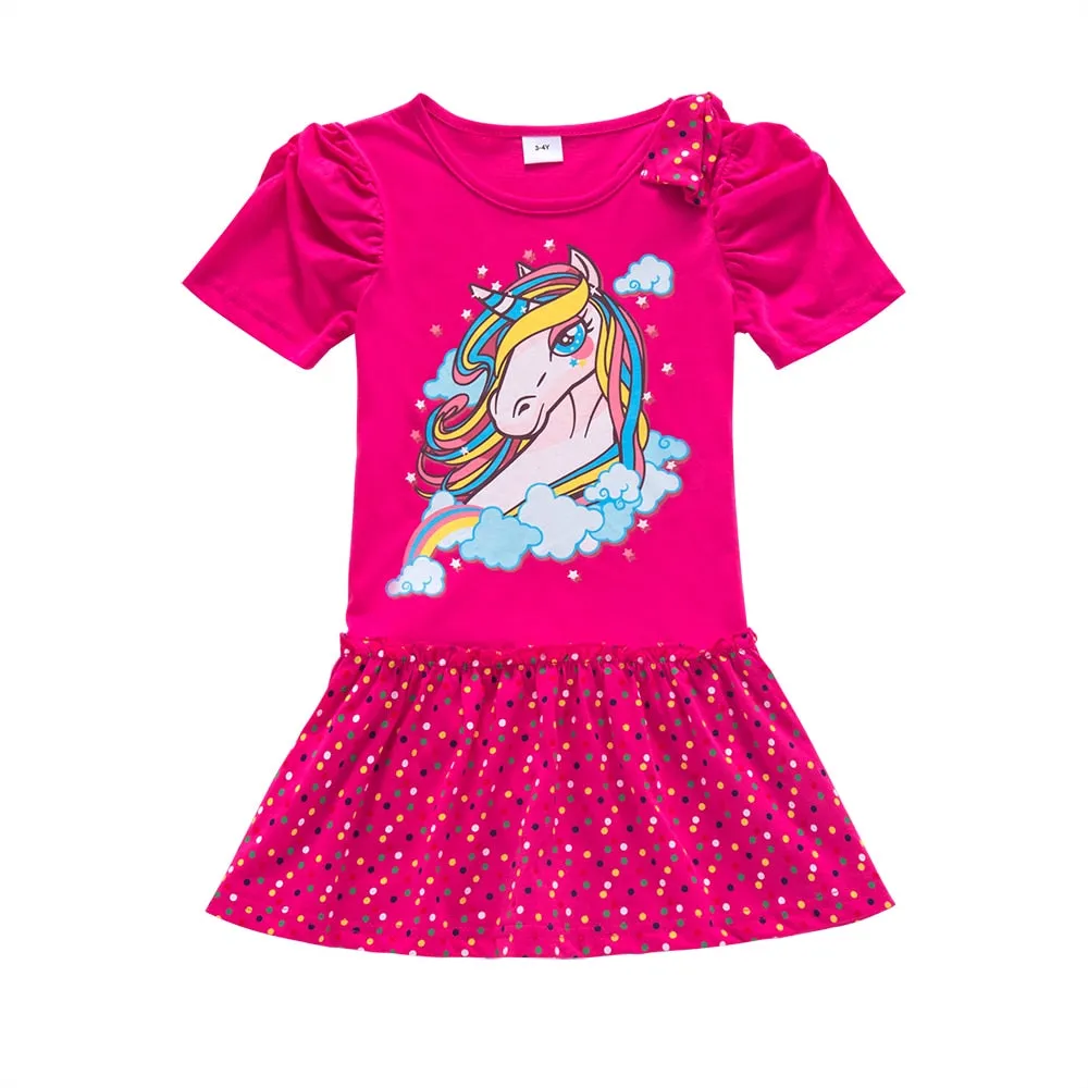 Girl short-sleeved unicorn dress pony cartoon dress printed embroidered cotton round neck dress for girls kids summer dress