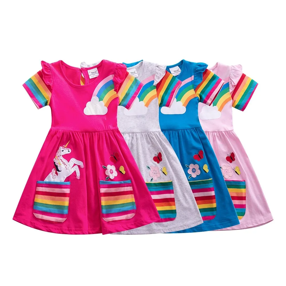 Girl short-sleeved unicorn dress pony cartoon dress printed embroidered cotton round neck dress for girls kids summer dress