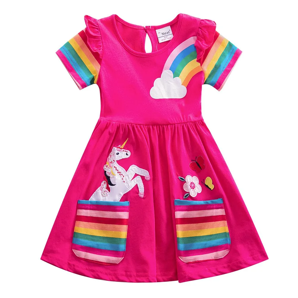 Girl short-sleeved unicorn dress pony cartoon dress printed embroidered cotton round neck dress for girls kids summer dress