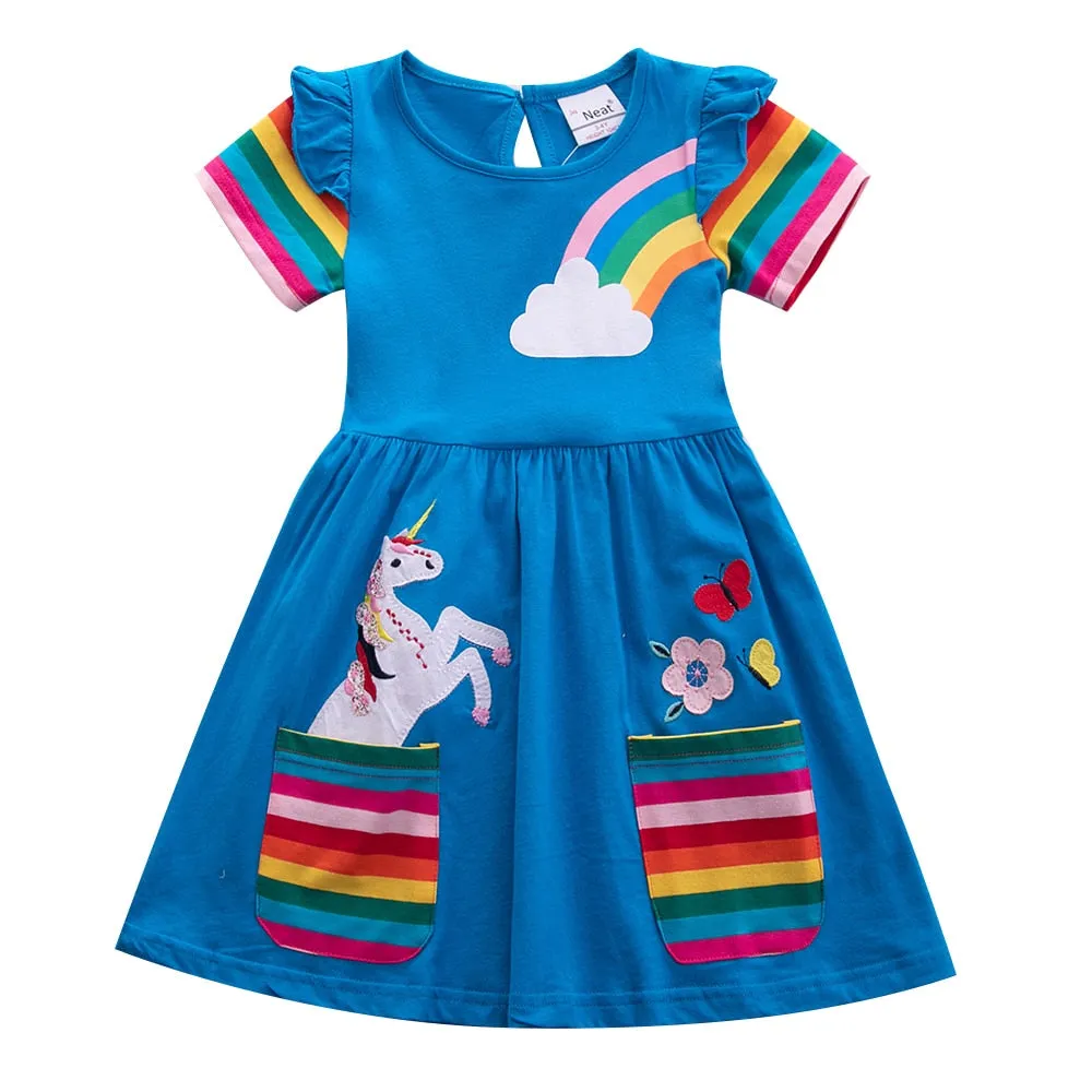 Girl short-sleeved unicorn dress pony cartoon dress printed embroidered cotton round neck dress for girls kids summer dress
