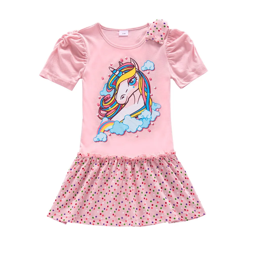 Girl short-sleeved unicorn dress pony cartoon dress printed embroidered cotton round neck dress for girls kids summer dress