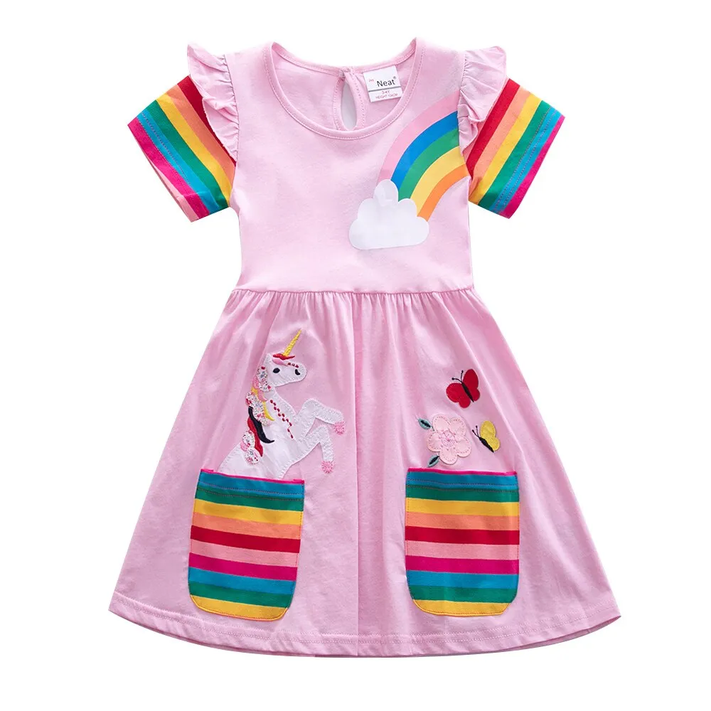 Girl short-sleeved unicorn dress pony cartoon dress printed embroidered cotton round neck dress for girls kids summer dress