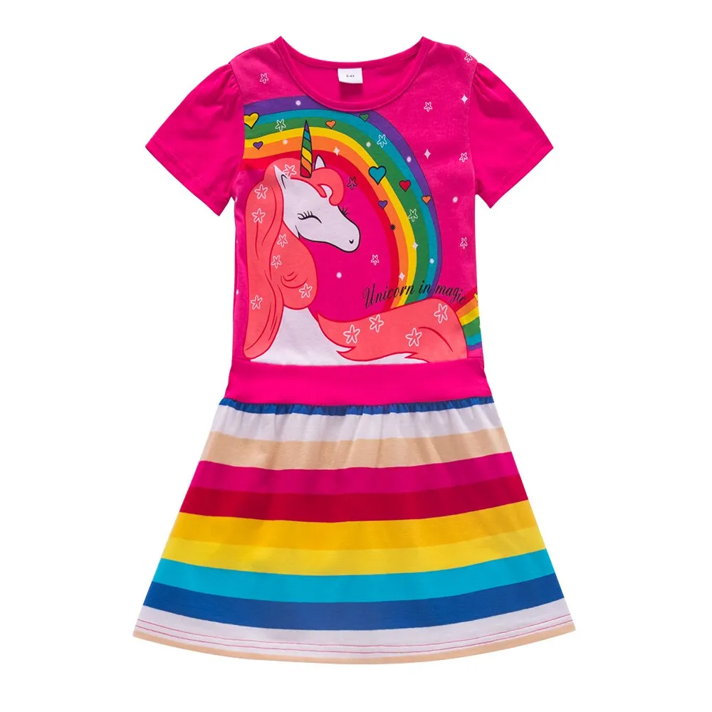 Girl short-sleeved unicorn dress pony cartoon dress printed embroidered cotton round neck dress for girls kids summer dress
