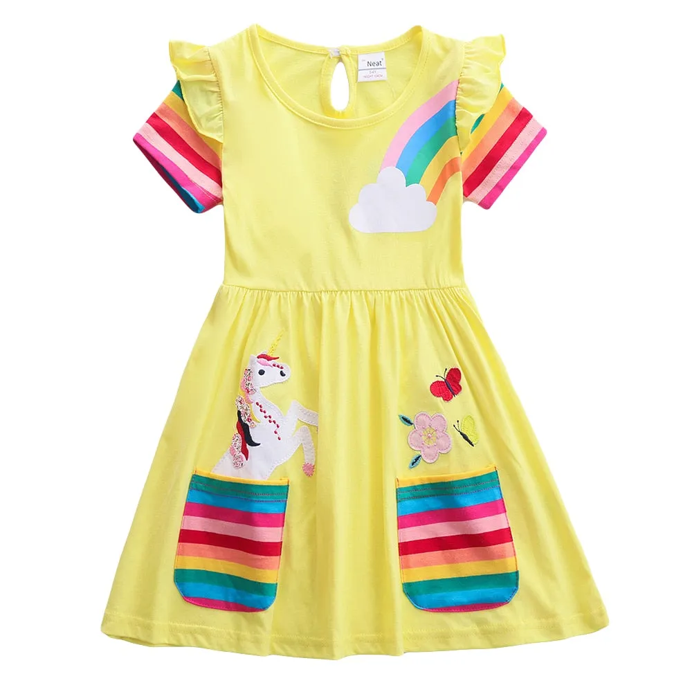 Girl short-sleeved unicorn dress pony cartoon dress printed embroidered cotton round neck dress for girls kids summer dress