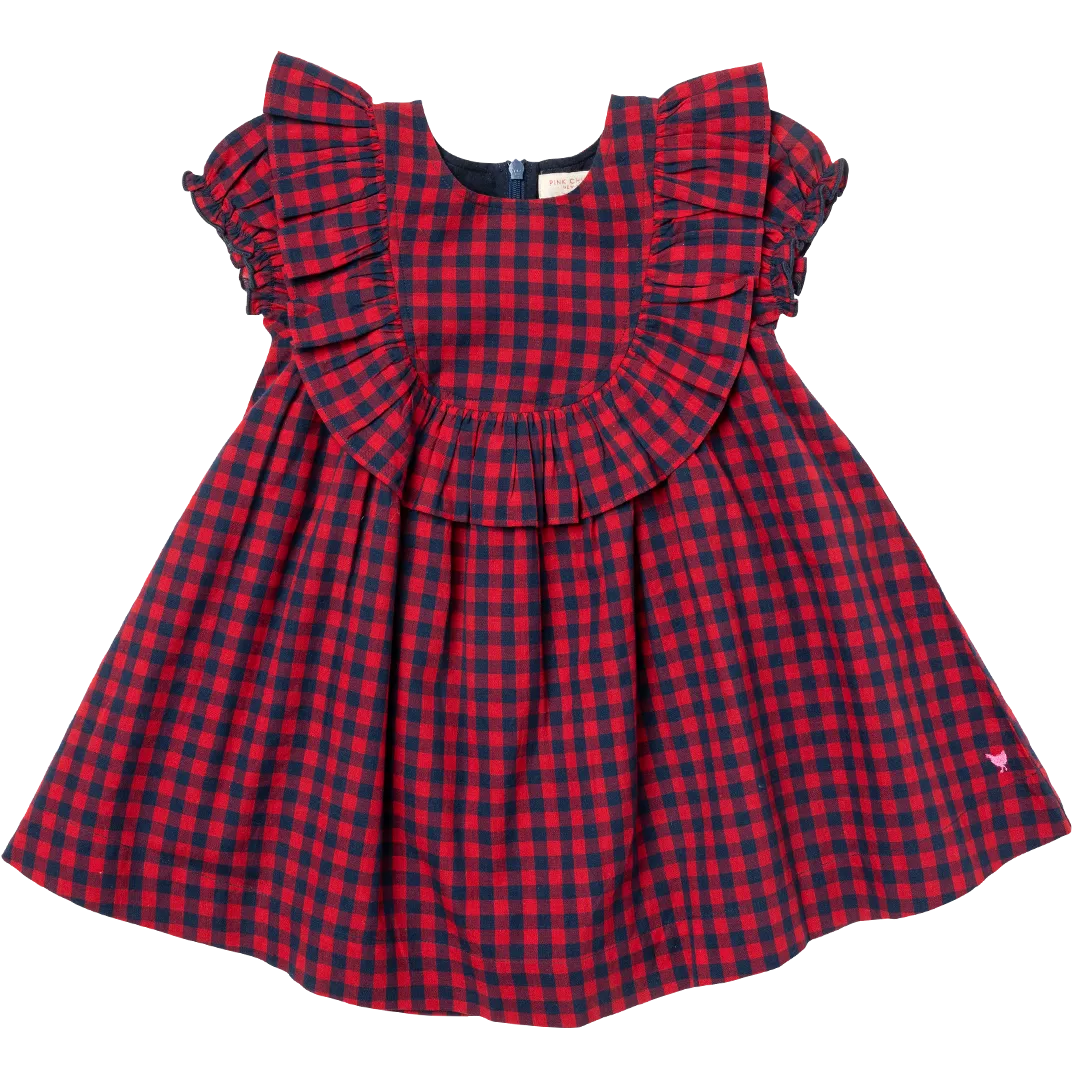 Girls Brayden Ruffle Dress in Navy/Red Gingham