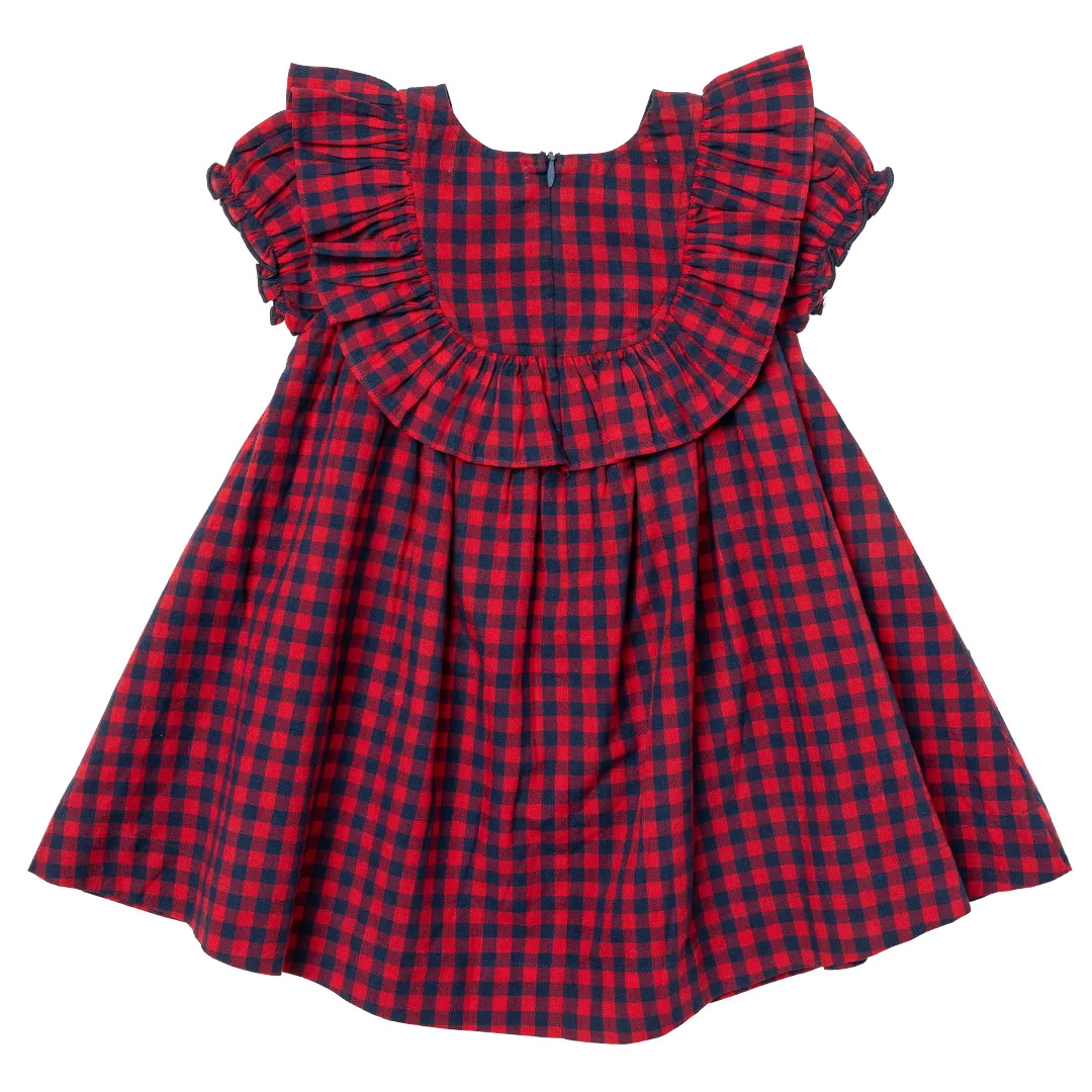 Girls Brayden Ruffle Dress in Navy/Red Gingham