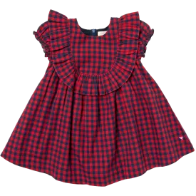 Girls Brayden Ruffle Dress in Navy/Red Gingham