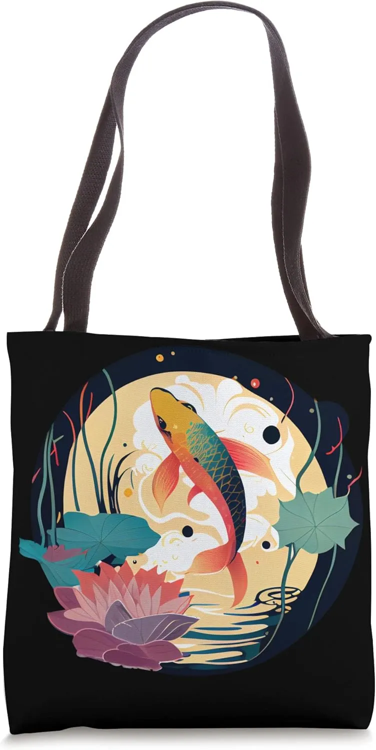 Japanese Koi fish jumping out of pond lotus lilly pad Tote Bag
