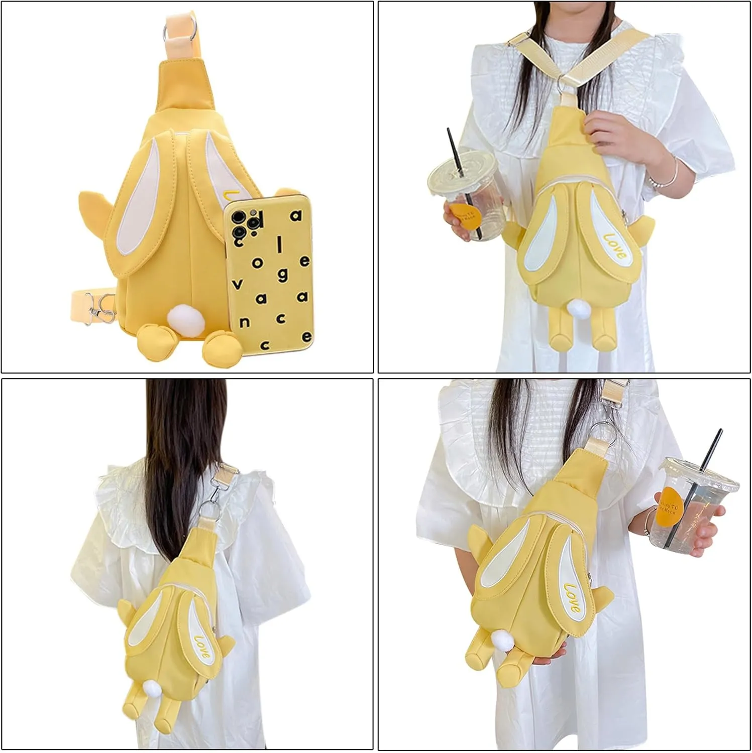 Kawaii Rabbit Shoulder Crossbody Bag Coin Purse Travel Daypack for Women Lady,Detachable Strap Yellow1#