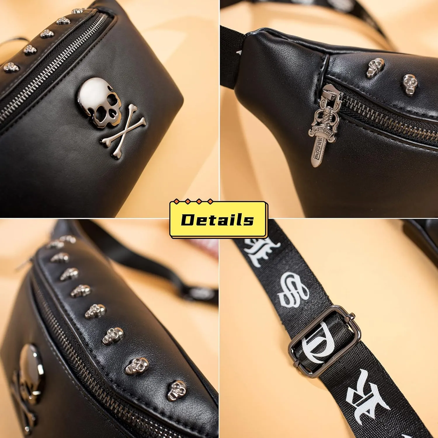 Leather Fanny Packs for Women,Skull Design Leather Waist Bag Black Fanny Pack Men Bum Bags for Women Crossbody Belt Bag Fashion Waist Pack for Holiday Festival Travel Running Hiking (Skull -2)