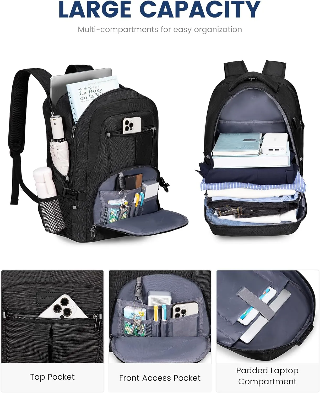 LOVEVOOK Travel Laptop Backpack Waterproof Anti Theft Backpack with Lock and USB Charging Port Large Computer Business Backpack for Men College Backpack (17 inch,Black-1