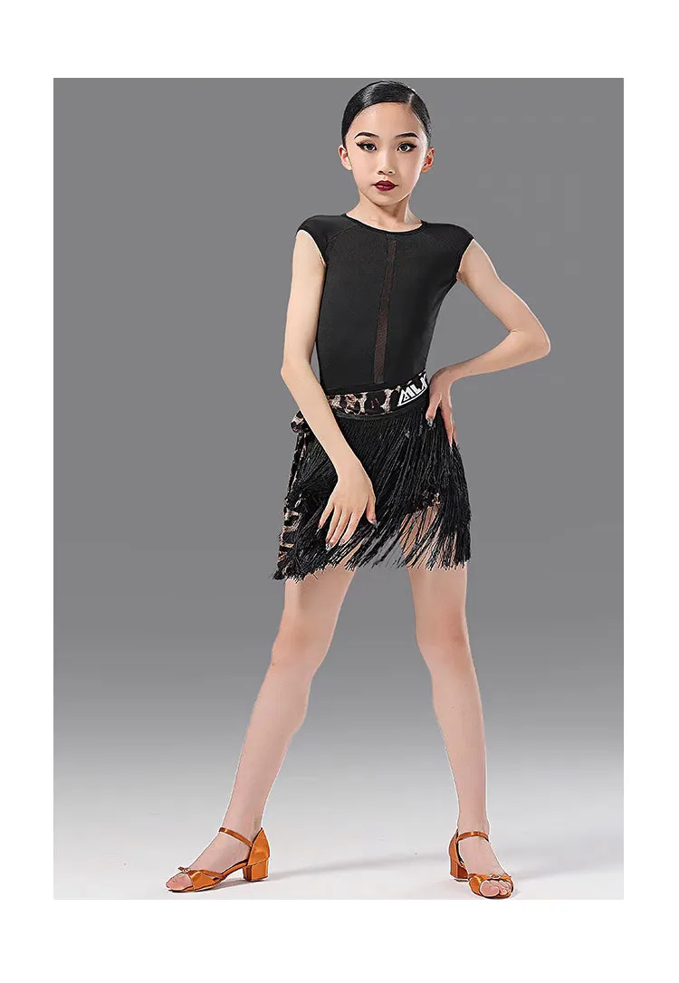 MLX.L8142 8338 GIRLS BLACK FRINGE SKIRT FRINGE SUIT