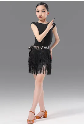 MLX.L8142 8338 GIRLS BLACK FRINGE SKIRT FRINGE SUIT