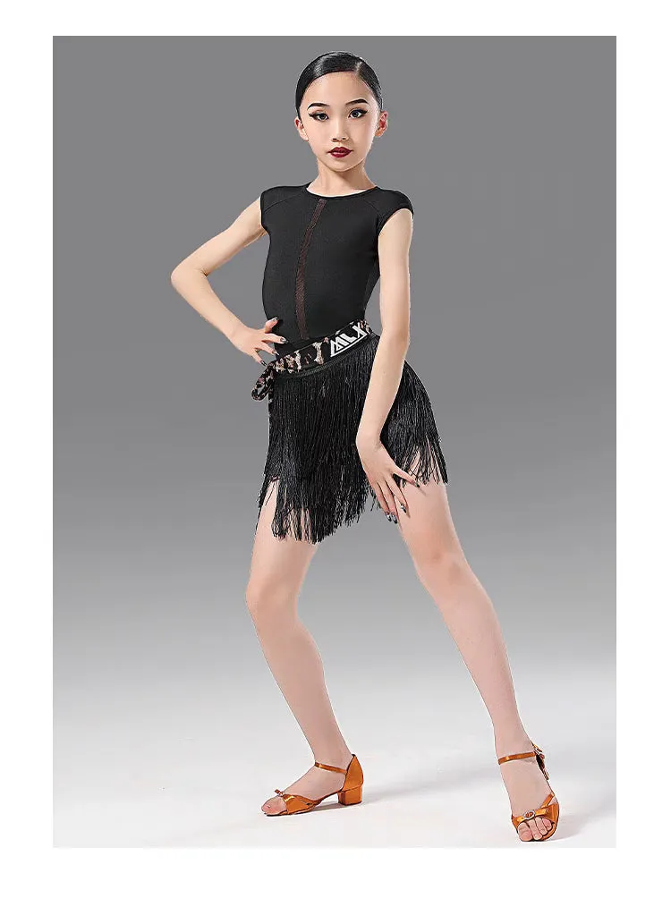 MLX.L8142 8338 GIRLS BLACK FRINGE SKIRT FRINGE SUIT