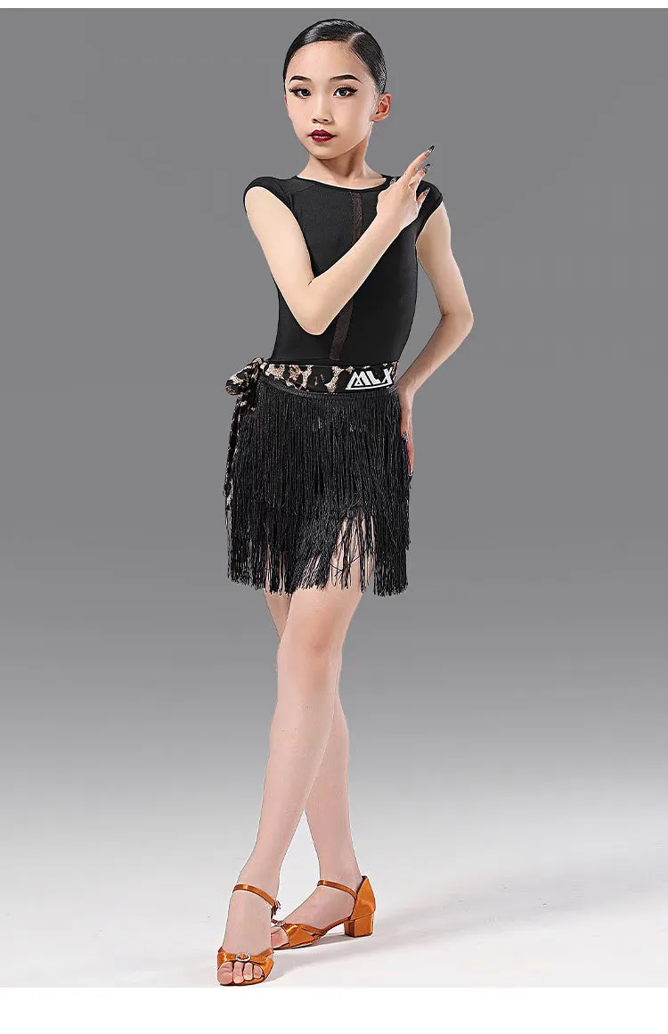 MLX.L8142 8338 GIRLS BLACK FRINGE SKIRT FRINGE SUIT