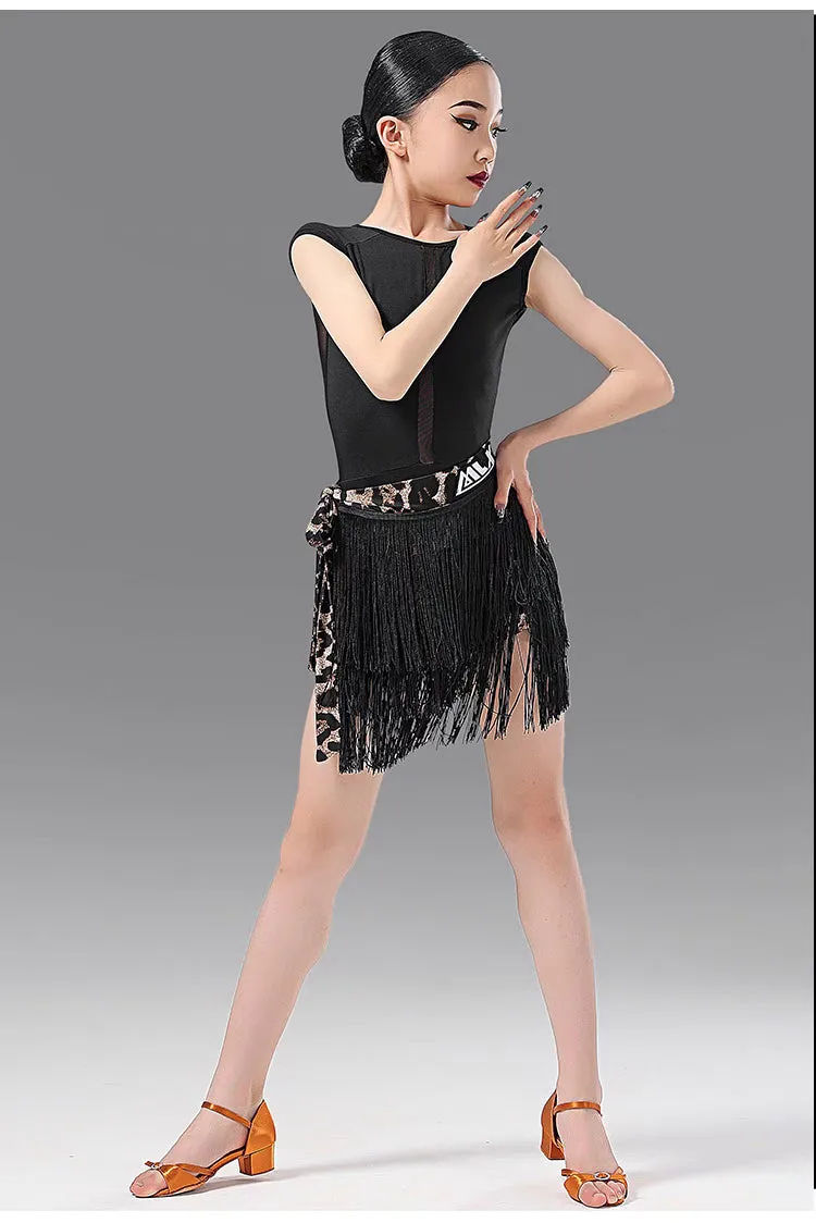 MLX.L8142 8338 GIRLS BLACK FRINGE SKIRT FRINGE SUIT