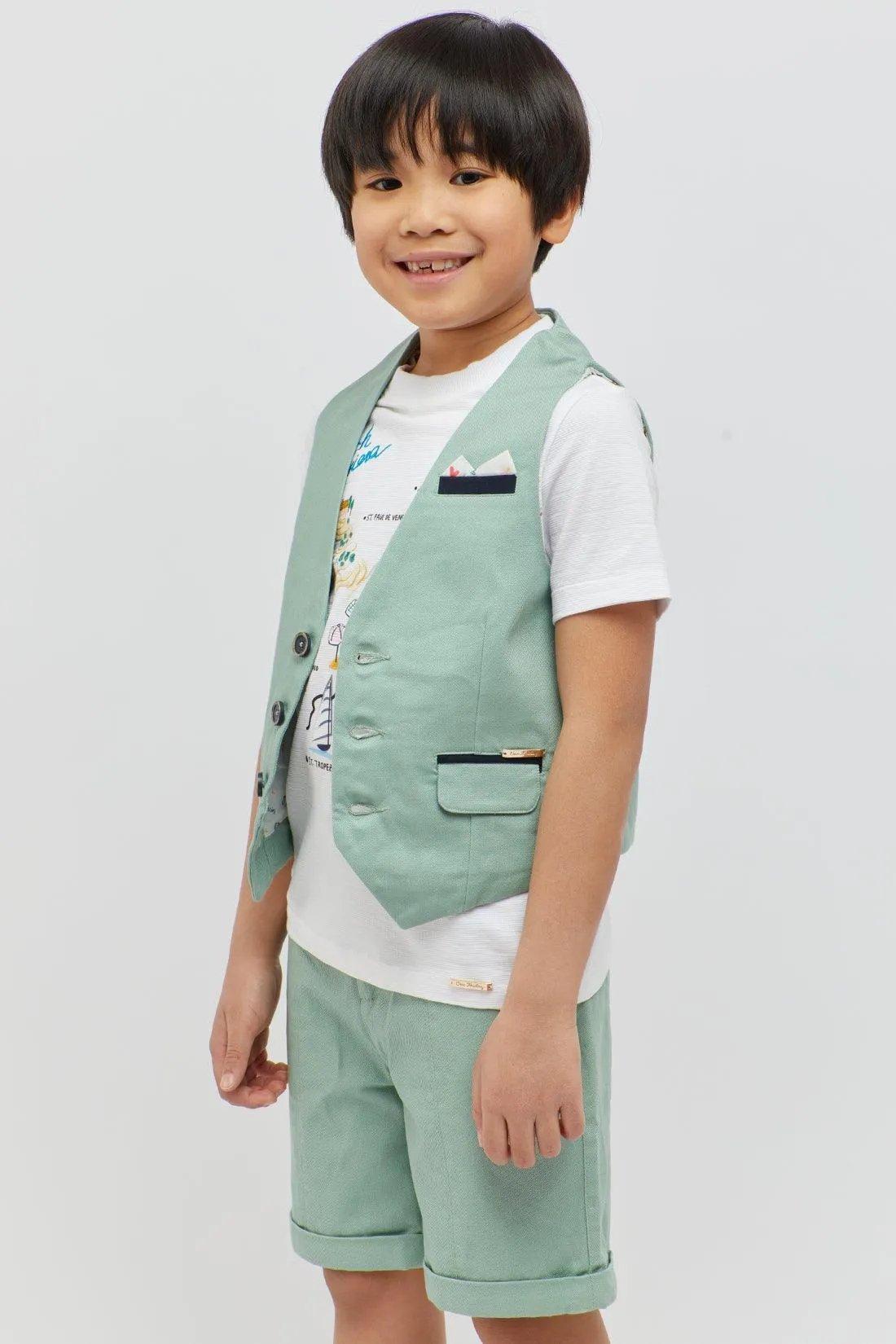 One Friday Kids Boys Green Cotton Waistcoat