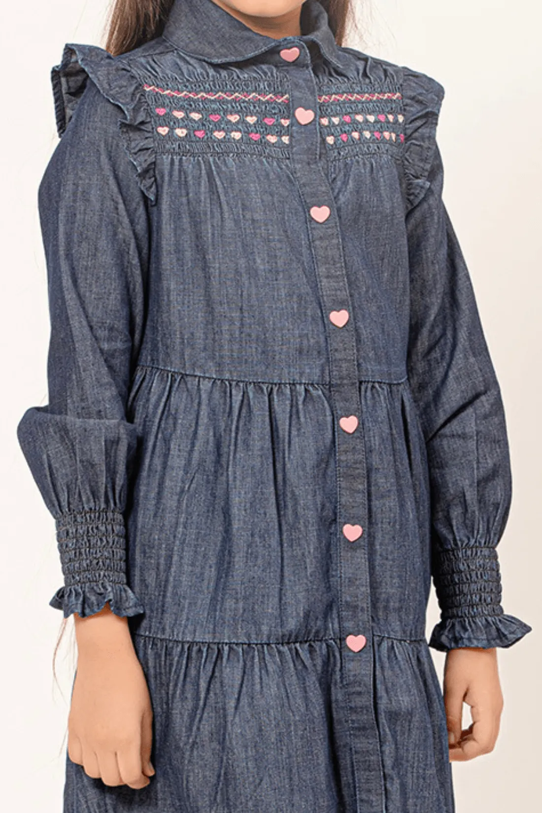 One Friday Kids Girls Puff Sleeves Cotton Denim Dress