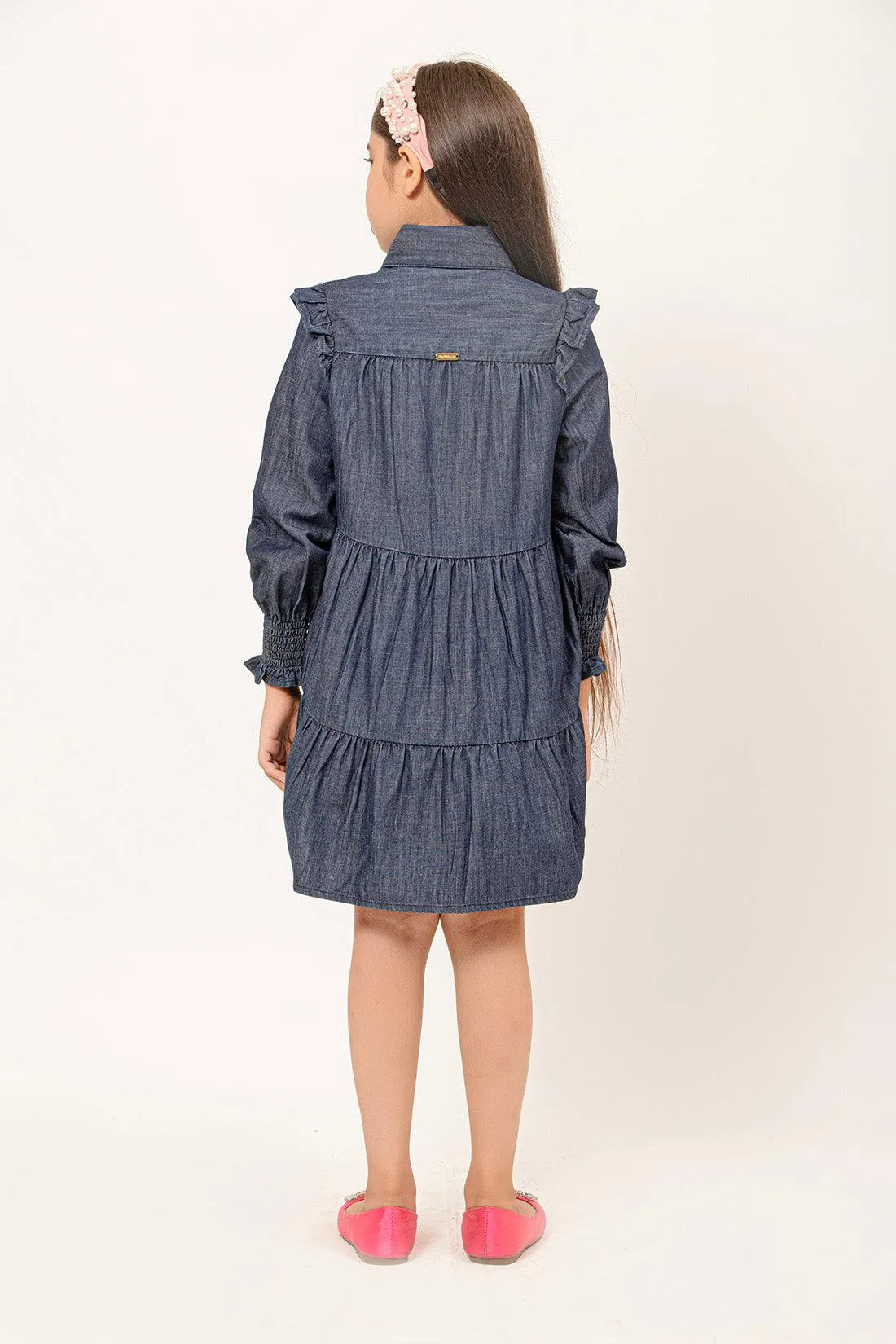 One Friday Kids Girls Puff Sleeves Cotton Denim Dress